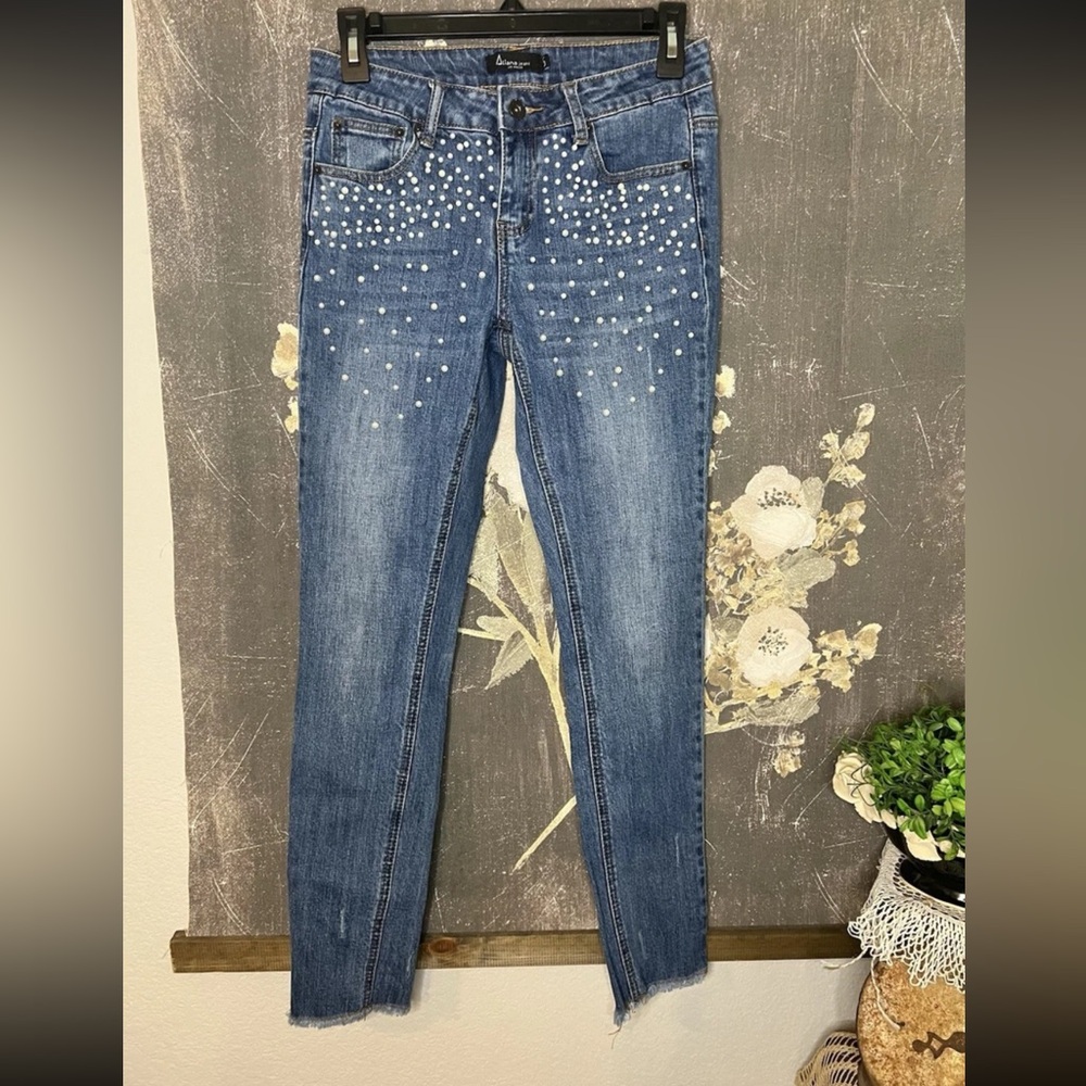 Aliana Beaded Pearl Embellished Medium Blue Wash Ankle Skinny Jeans Sz 5 Stretch
